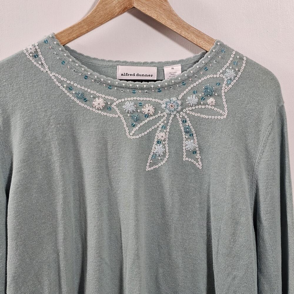 Alfred Dunner Ramie Blend Beaded Bow Knit Sweater Size XL Sparkles Embroidered